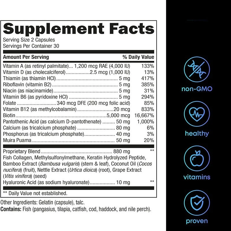 Suplemento de saúde para cabelos, pele e unhas contendo colágeno, biotina, vitamina B1, B2, B3, B6, B7 2500mg, 60 cápsulas