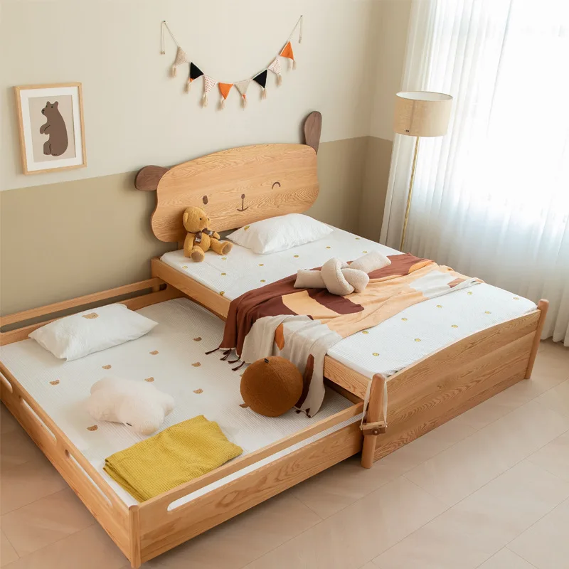 Modern minimalist solid wood bed, cherry wood sliding and pulling bed, bunk bed, double-layer mother-child  natural