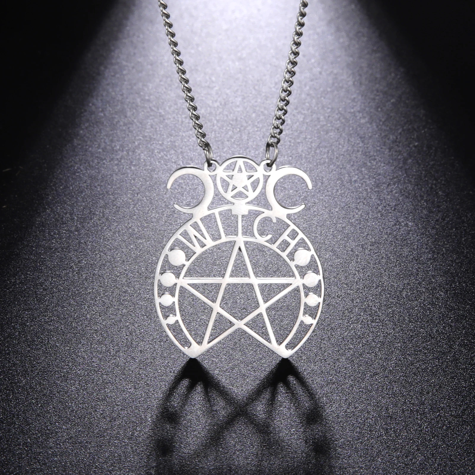 Openwork Witchcraft Pentagram Trinity Moon Goddess Pendant Necklace Stainless Steel Choker for Women Jewelry Gift