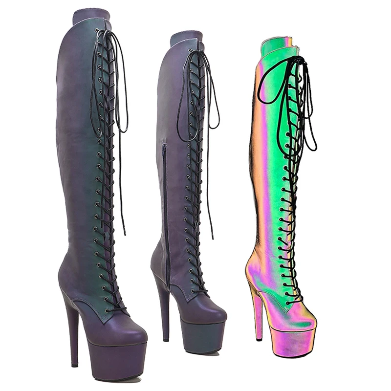 

Leecabe 17CM/7inches holographic PU Pole dancing shoes High Heel model nightclub platform boot knee high boots 5B