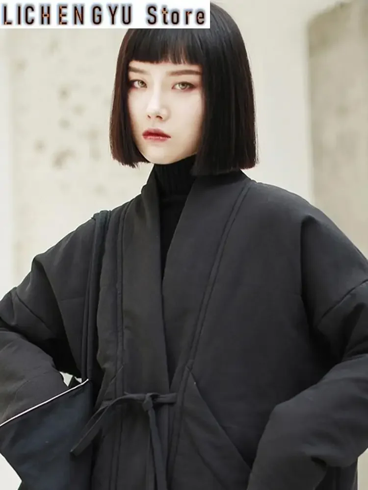 New Spring V-collar Long Sleeve Black Loose Brief Bandage Cotton-padded Large Size Coat Women Fashion