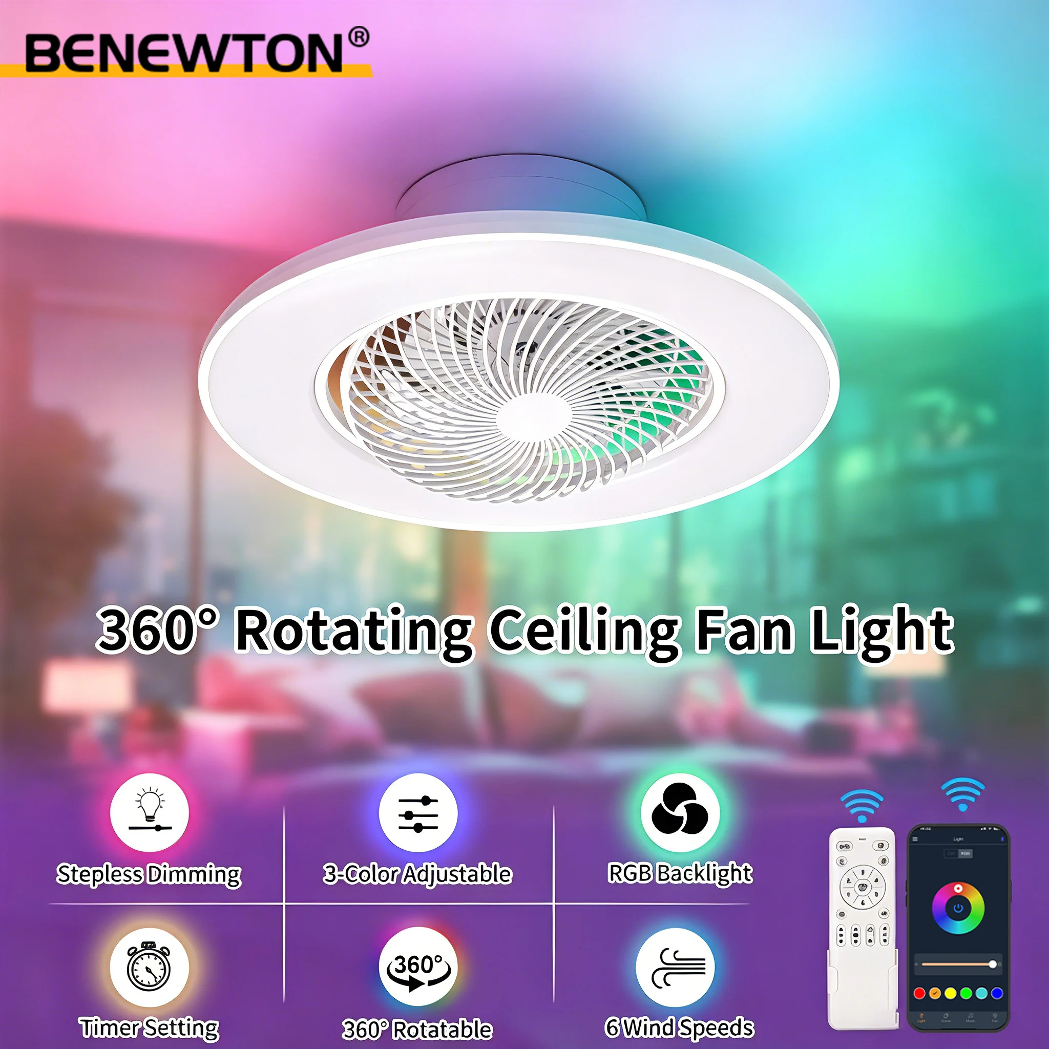 RGB Smart LED Ceiling Fan with Light Dimmable APP Remote Control 6Wind Speed 360° Oscillating Fan Quiet for Bedroom Living Room