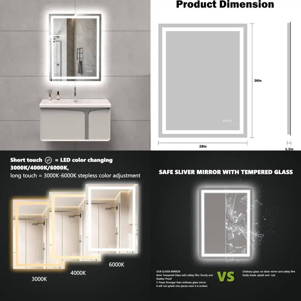 벽걸이형 LED 화장 거울, 김서림 방지 및 조광 조절 가능, 28x36인치 전면 및 후면 조명, IP5 등급 메이크업 거울