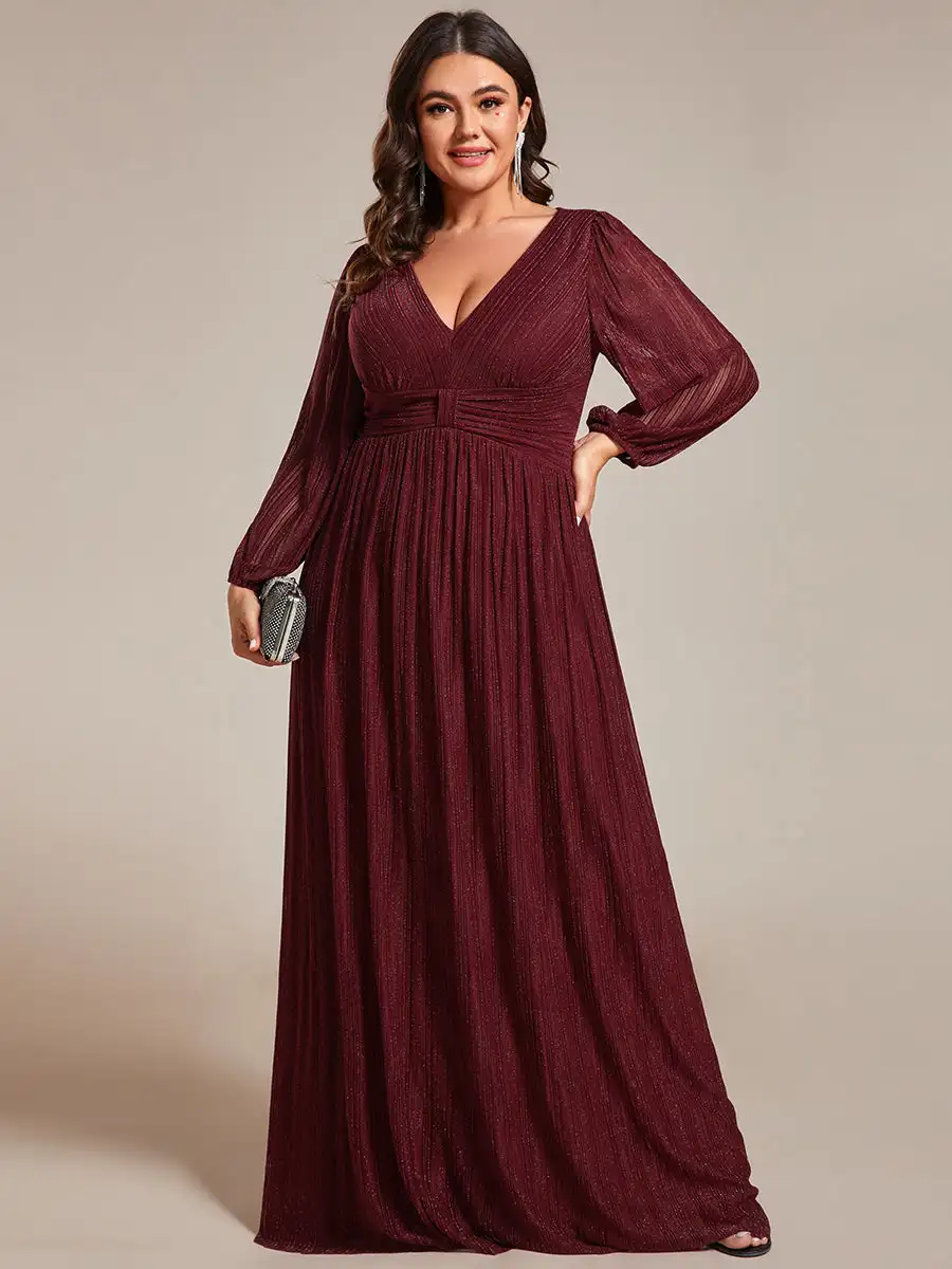 

Plus Size Evening Dress Maxi Long V Neck with Long Sleeves High Waist 2024 Ever pretty of Shiny Burgundy Bridesmaid Dress