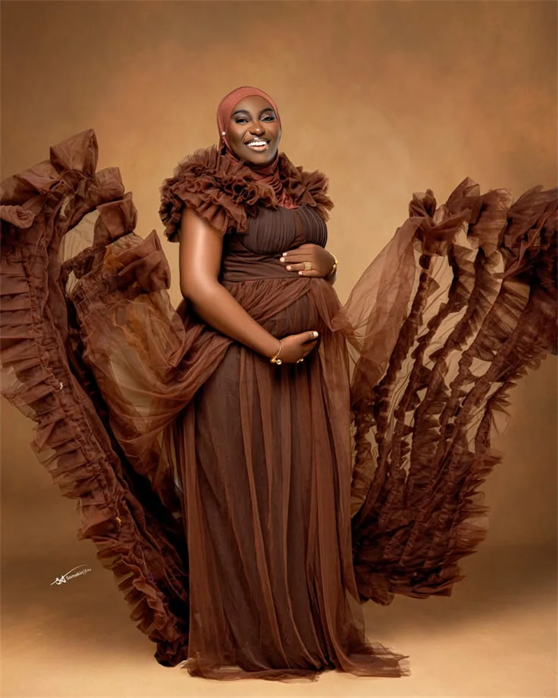 Brown Women Maternity Prom Dress Photoshoot Pregnant Sexy Sleeveless Ruffles Tulle Bridal Morning Robe Customized Night Gown