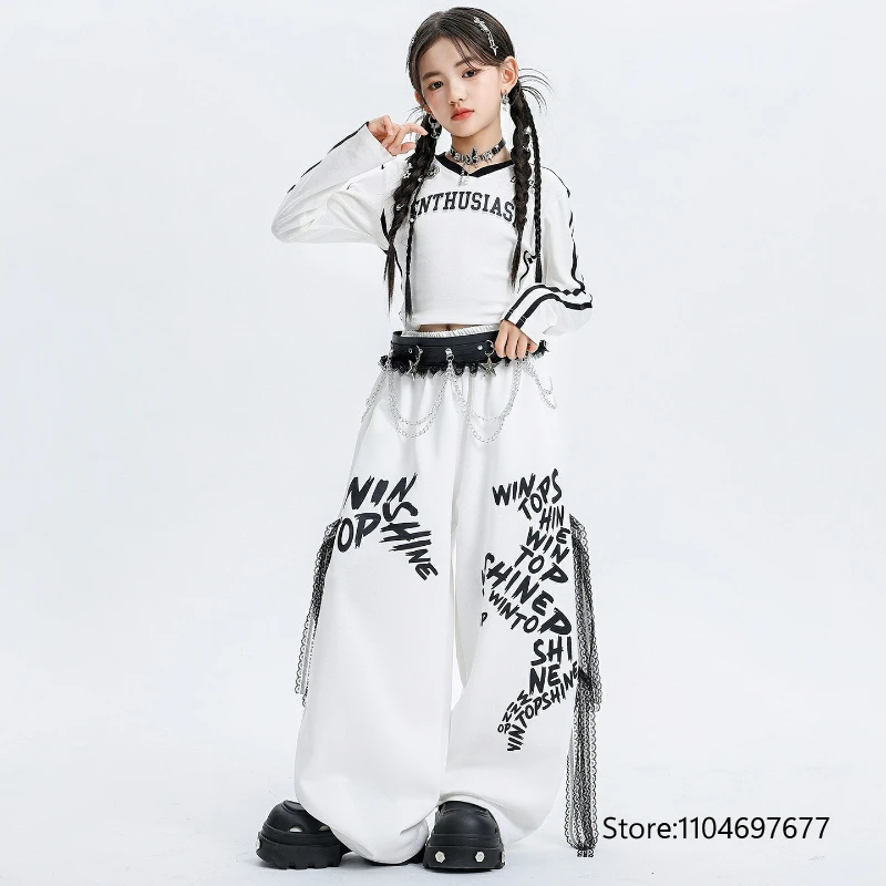 

Одежда для уличных танцев для девочек, топ с длинными рукавами, широкие брюки, крутой костюм для выступлений на подиуме, модный комплект одежды для сцены