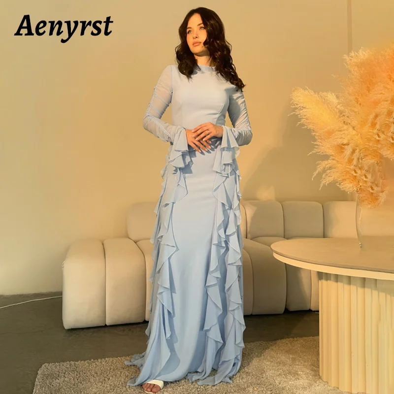 Aenyrst Elegantes blaues Rüschen-Abschlussballkleid für Damen, O-Ausschnitt, lange Ärmel, maßgeschneiderte Abendkleider, bodenlange Kleider für