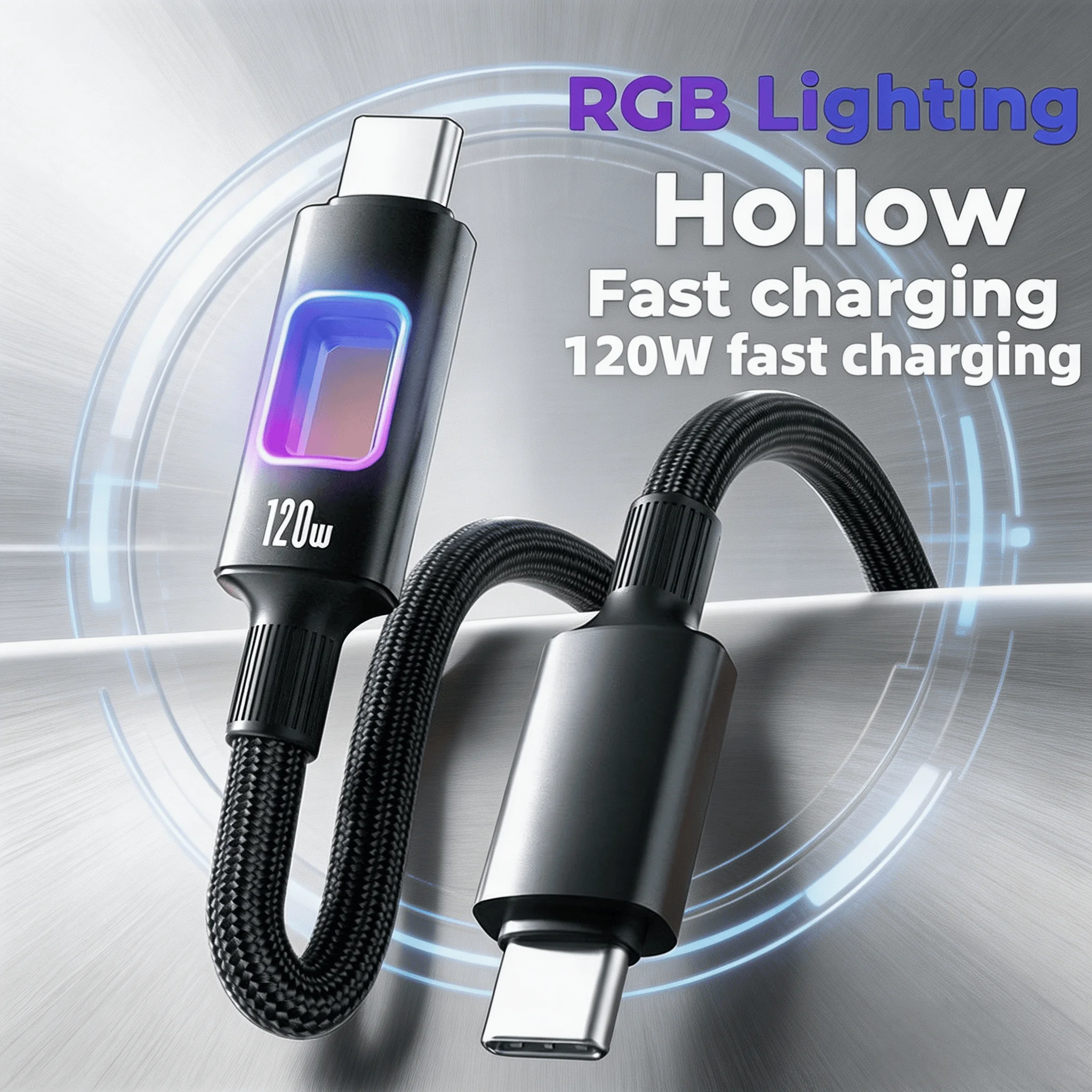 120W USB-Type C / C-C Charge Cable For iPhone 16 17 Macbook Samsung S26 Fast Charge Cable Hollow RGB Light  Cable