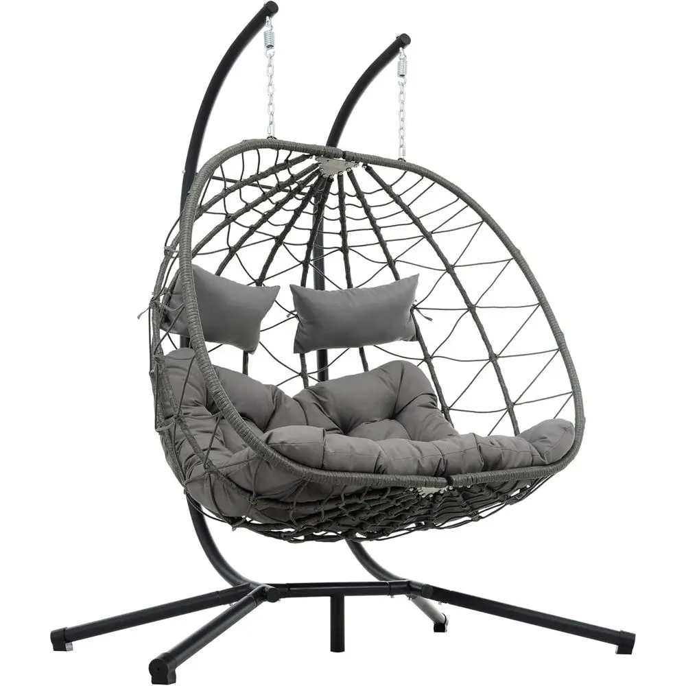 

Light Gray 2-Person Outdoor Indoor Wicker Egg Swing Chair with Metal Stand for Patio, Porch, Balcony, and Backyard