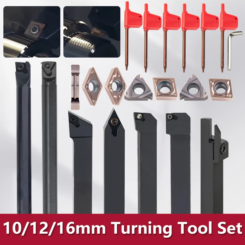 7Pcs 10MM 12MM 16MM CNC Lathe Turning Tool Holder Boring Bar Sets with Hard Alloyl Insert Wrench Kit for Turning Thread Grooving