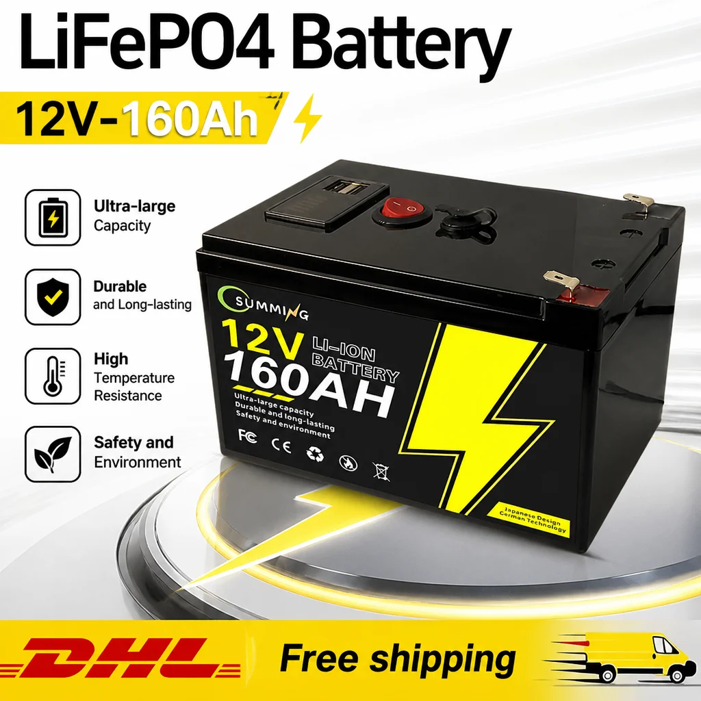 High-Capacity 12V 200000mAH LiFePO4 Battery with Built-in BMS - Solution for Solar Panels, Motorhomes, Yachts & Backup Power