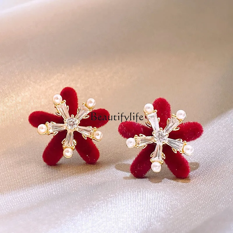 

Velvet Snowflake Earrings for Women Special Interest Light Luxury High Sense New Year Red Earrings