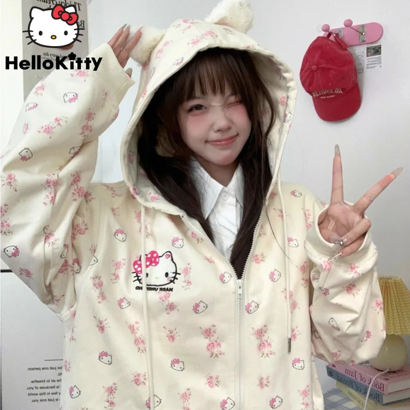 Sanrio Hello Kitty Cute Cat Hoodie Women\'s Autumn Winter New Loose Lazy Cardigan Japanese Style Y2k Sweet Soft Girl Trendy Coat