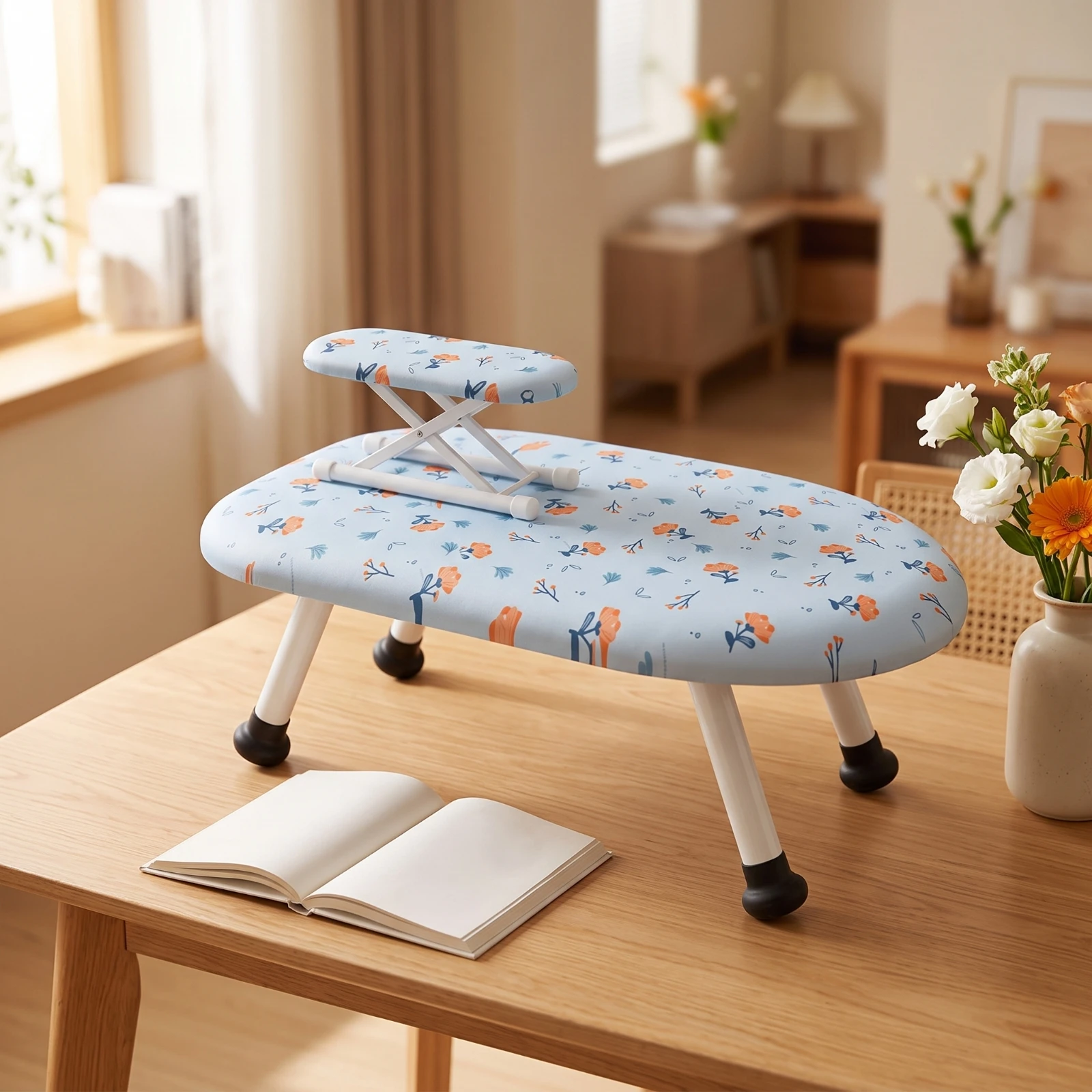 Foldable Ironing Board with Padded Surface Small Portable Ironing Board with Floral Cover Smooth Non-Slip for Apartment Dwellers