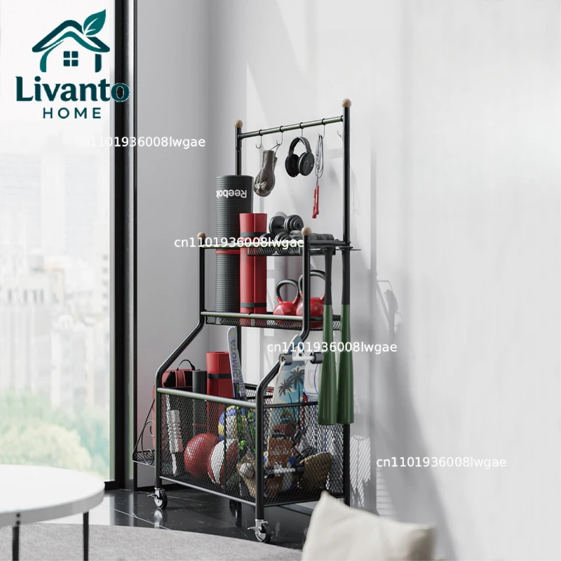 

Indoor Movable Sports Fitness Equipment Storage Organizer Yoga Mat Rack for Living Room Baseball Volleyball Storage Solution