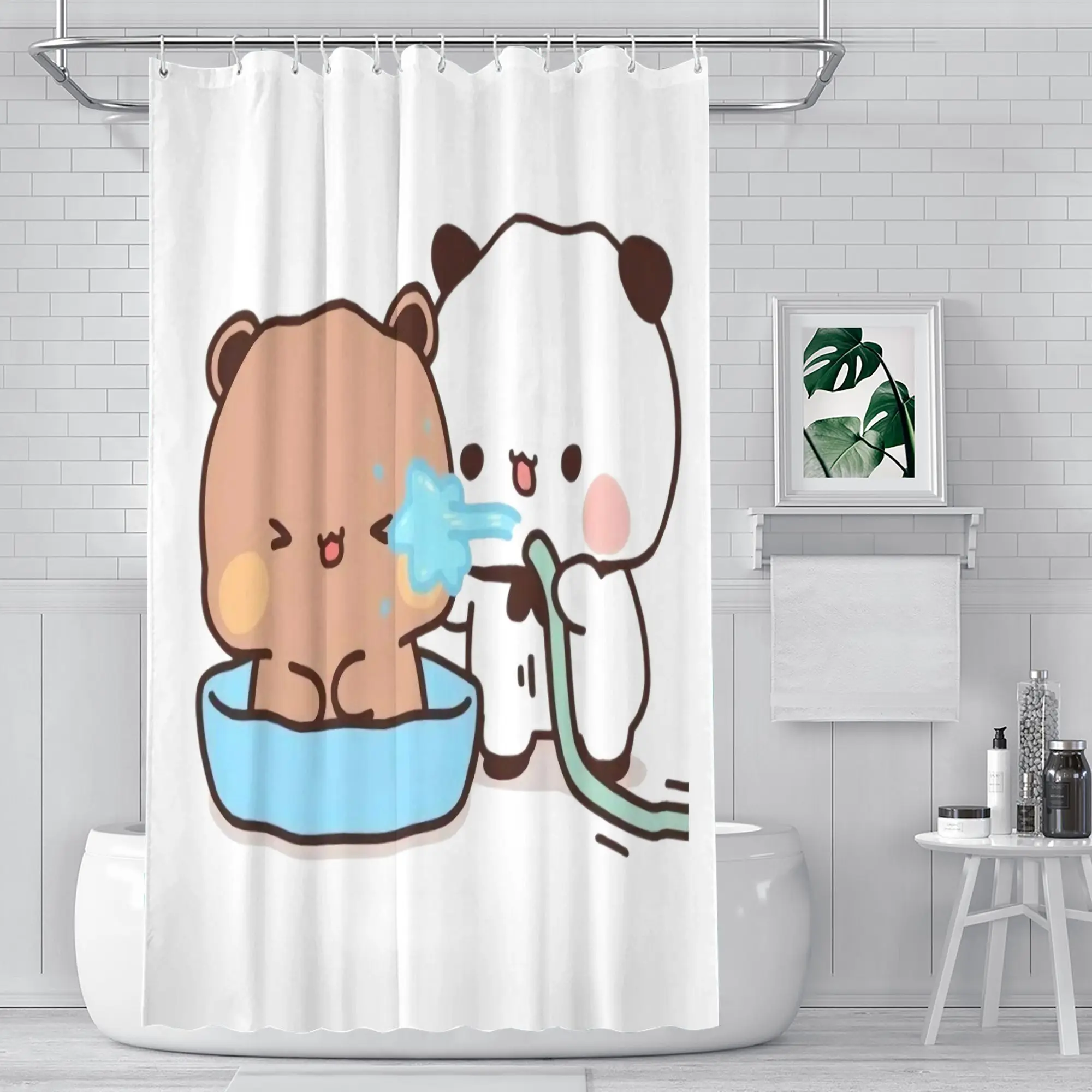 Bubu & Dudu Panda Bear Shower Curtain – Cute Bath Time Scene, 12 Hooks, Machine Washable, Kawaii Animal Lover Decor