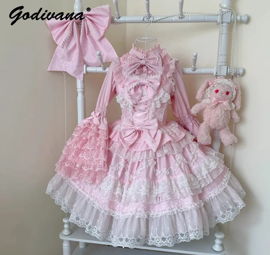 الحلو الفتيات الوردي فستان مجموعة رائع زهرة الزواج الأميرة مقوس دانتيل Jsk الحمالة فستان لوليتا قميص طويل الأكمام ملابس النساء #2