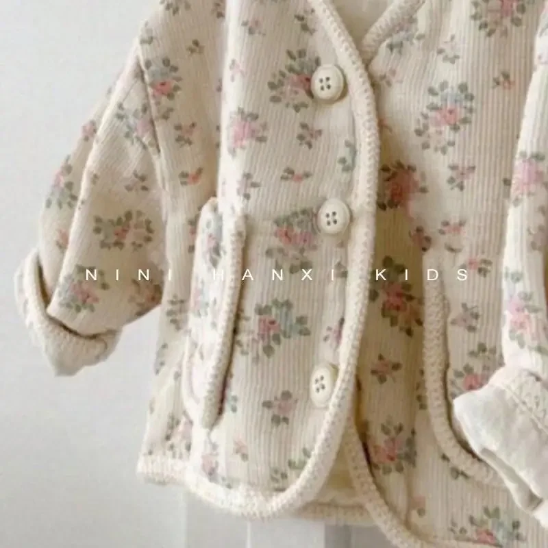 Baby Girl Single Breasted Coat Autumn Winter Korea Children Girl Flowers Thin Cotton Clothing 2024 Simple Outerwear Print Jacket