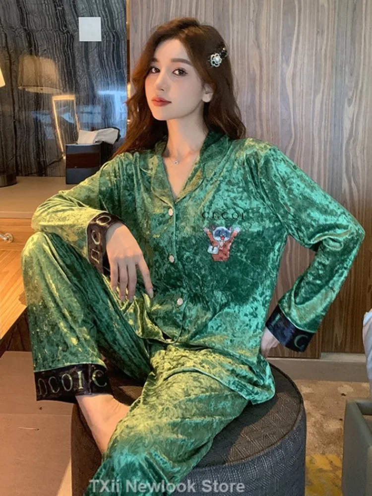 TXii Autumn and Winter New Green Gold Velvet Pajamas Women\'s Set Korean Velvet Hair Trousers Home Clothes V-Neck High-end