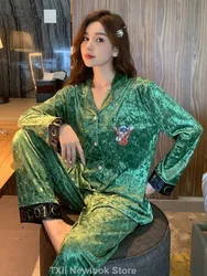 TXii Autumn and Winter New Green Gold Velvet Pajamas Women's Set Korean Velvet Hair Trousers Home Clothes V-Neck High-end