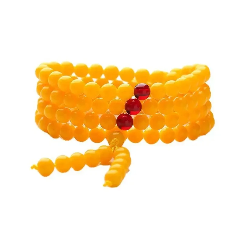 Pulsera de cera de abeja antigua del Báltico para hombre y mujer, brazalete amarillo de 108 cuentas, joyería de mano, cuentas de ámbar, regalo