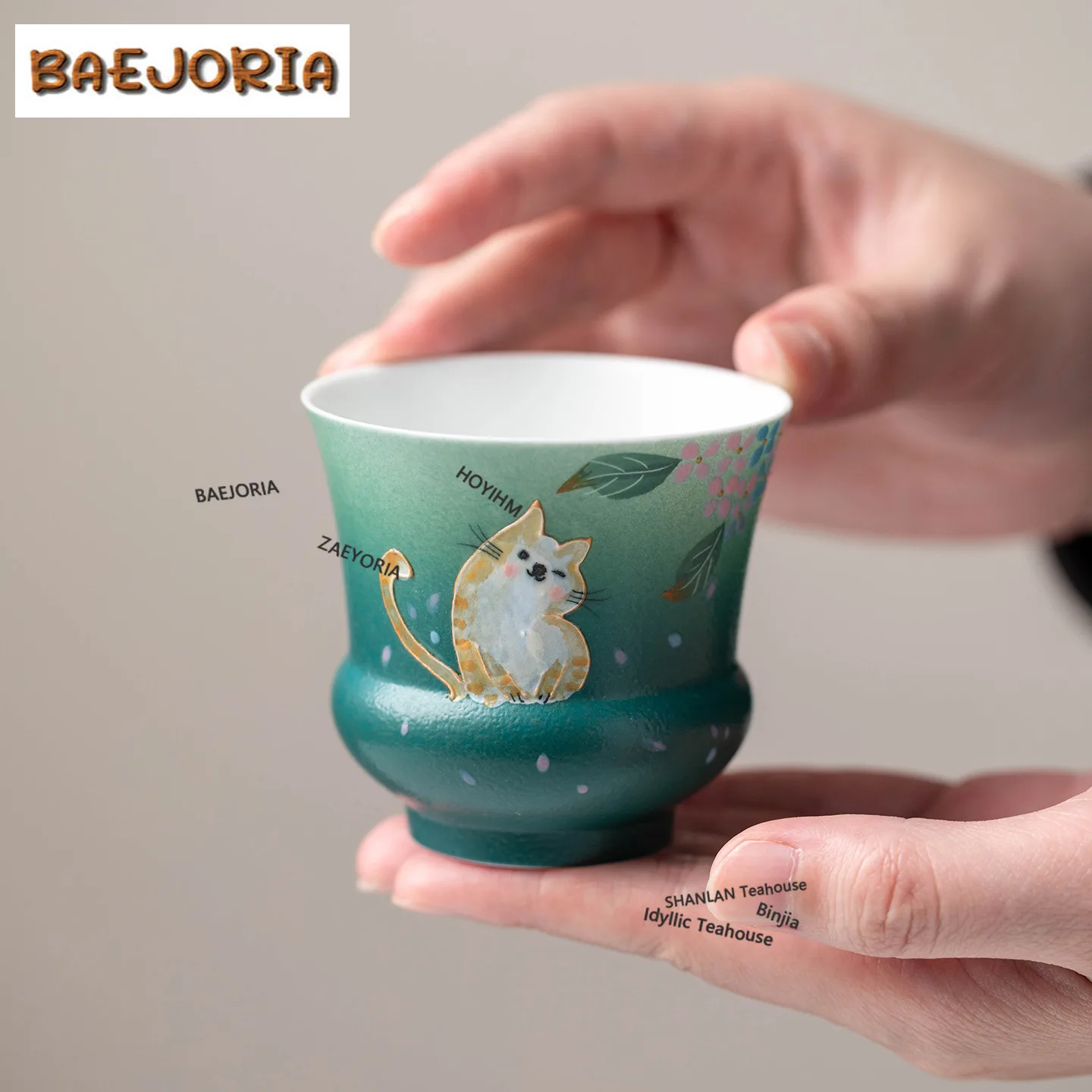 BAEJORIA 130ml Hand-painted Cat Hydrangea Teacup Zen Tea Bowl Mug Tea-tasting Meditation Cup Jianzhan Master Cups Craft