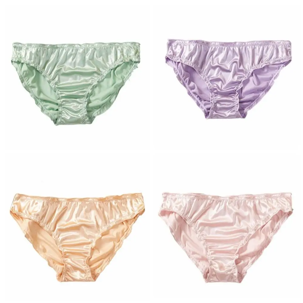 Comfortable Low Waist Satin Silk Panties Thin Underpants Ruffles Briefs Underwear Women Lingeries Women's Panties Daily