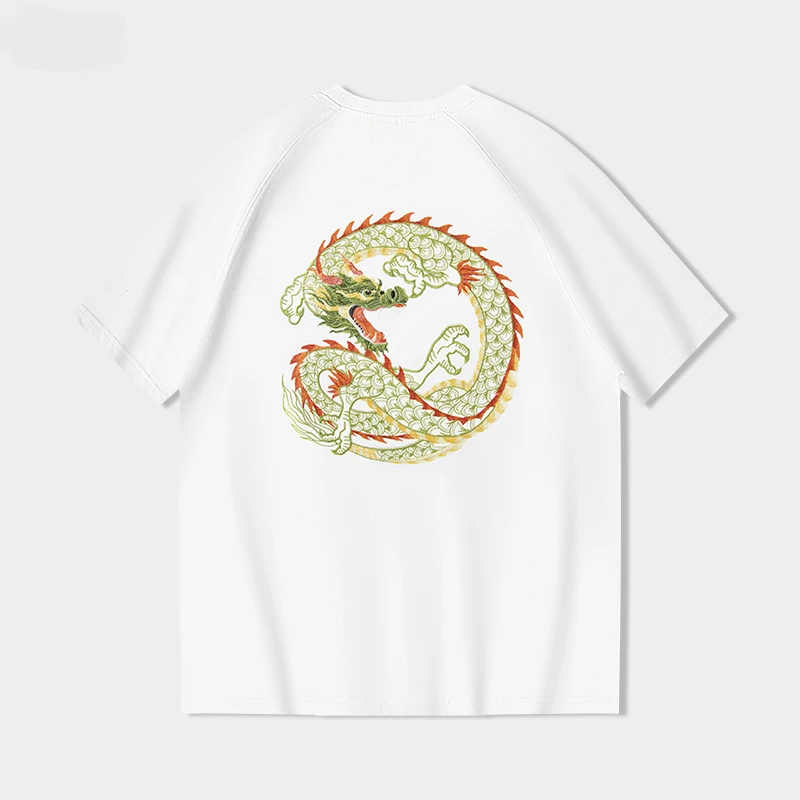 Men Dragon T Shirt Embroidery Summer Animal T Shirt Fashion Casual Short Sleeve Cotton VintageTees Top Chinese Men Clothing 2024