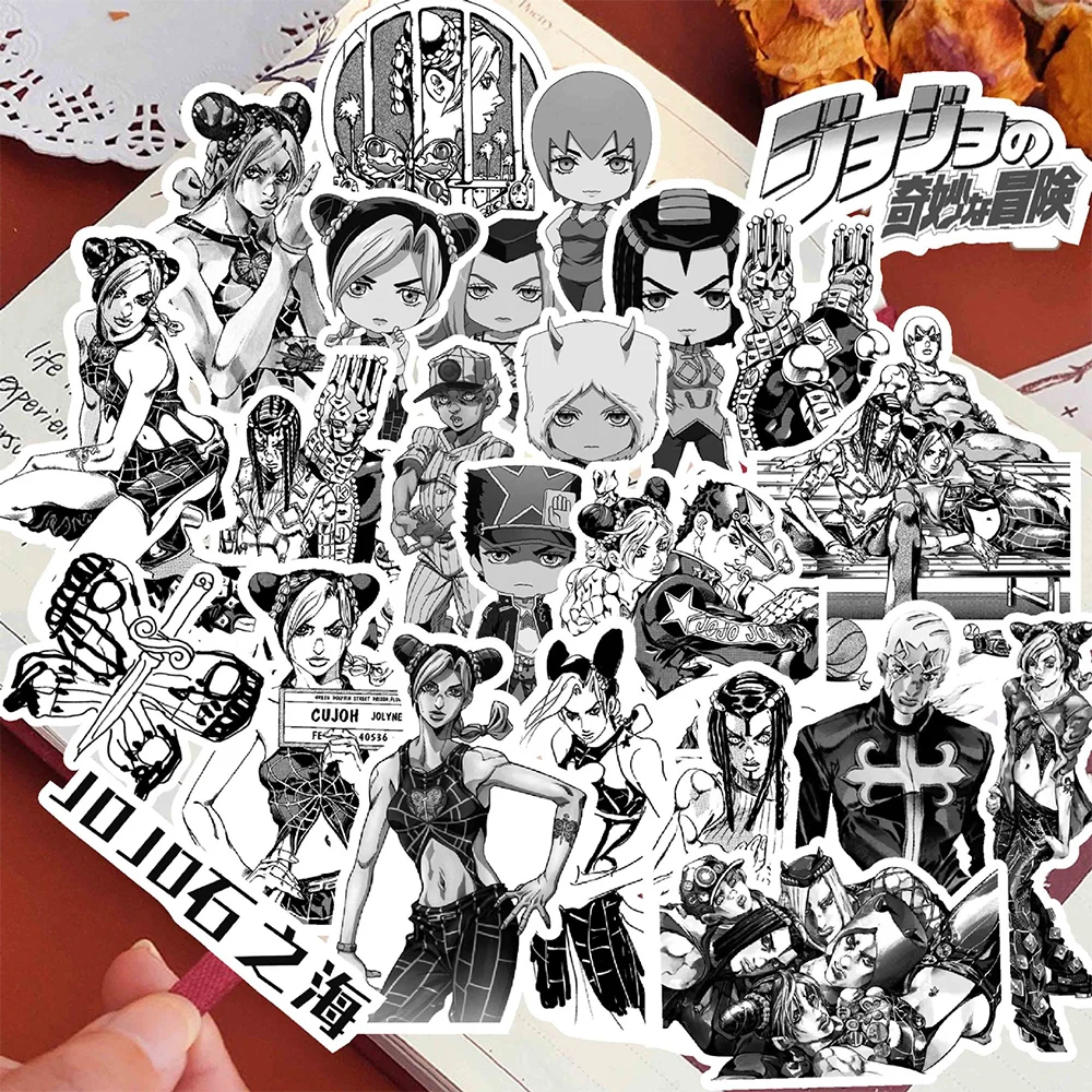 10/30/68pcs Anime JoJo’s Bizarre Adventure Stone Ocean Stickers Cool Cartoon Decals DIY Guitar Luggage Black White Manga Sticker