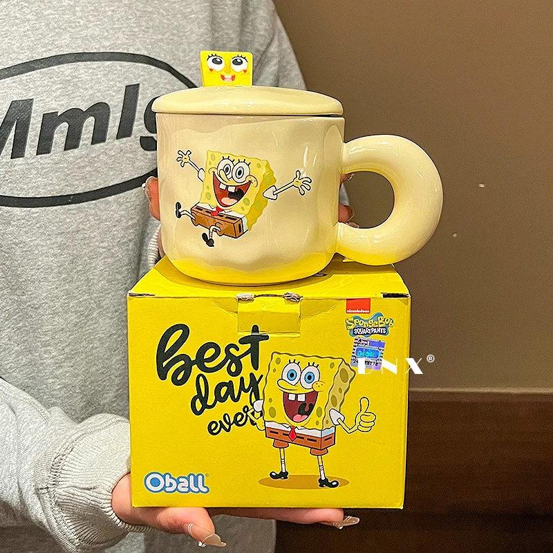 New SpongeBob SquarePants Patrick Star Mugs Cartoon Animation Girl Cute Ceramic Mug with Lid and Spoon Home Office Coffee Cup