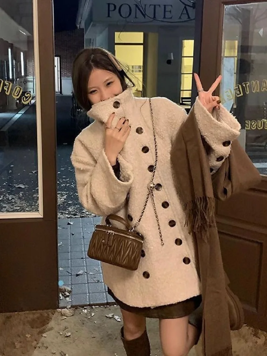 

Double-Breasted High-Necked Lambswool Coat Women'S Winter New Long Gentle High-Grade Furry Cotton-Padded Jacket Coat
