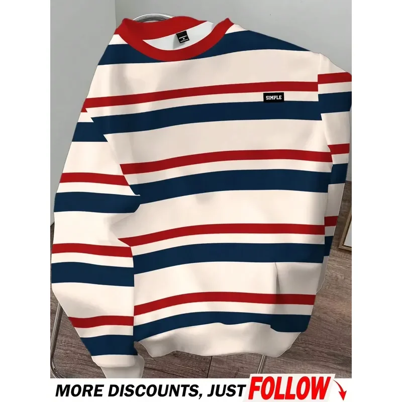3D Print Casual Long Sleeve Fall Winter Men Round Neck Hoodie Striped Print Comfortable Soft Fashionable Streetwear 2026