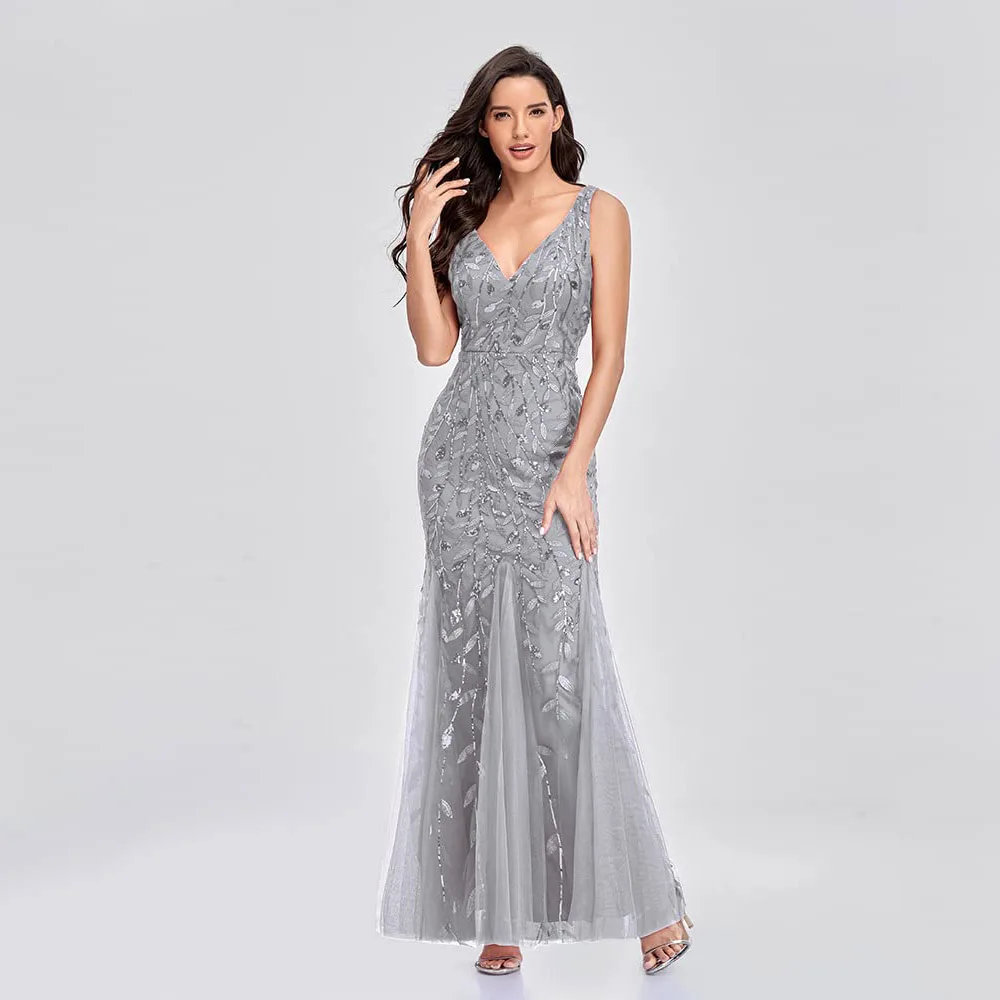 

Customized Elegant Mother of The Bride Dress Womens Formal Dress Sleeveless V Neck Sequin Appliques Mermaid Tulle Evening Gowns