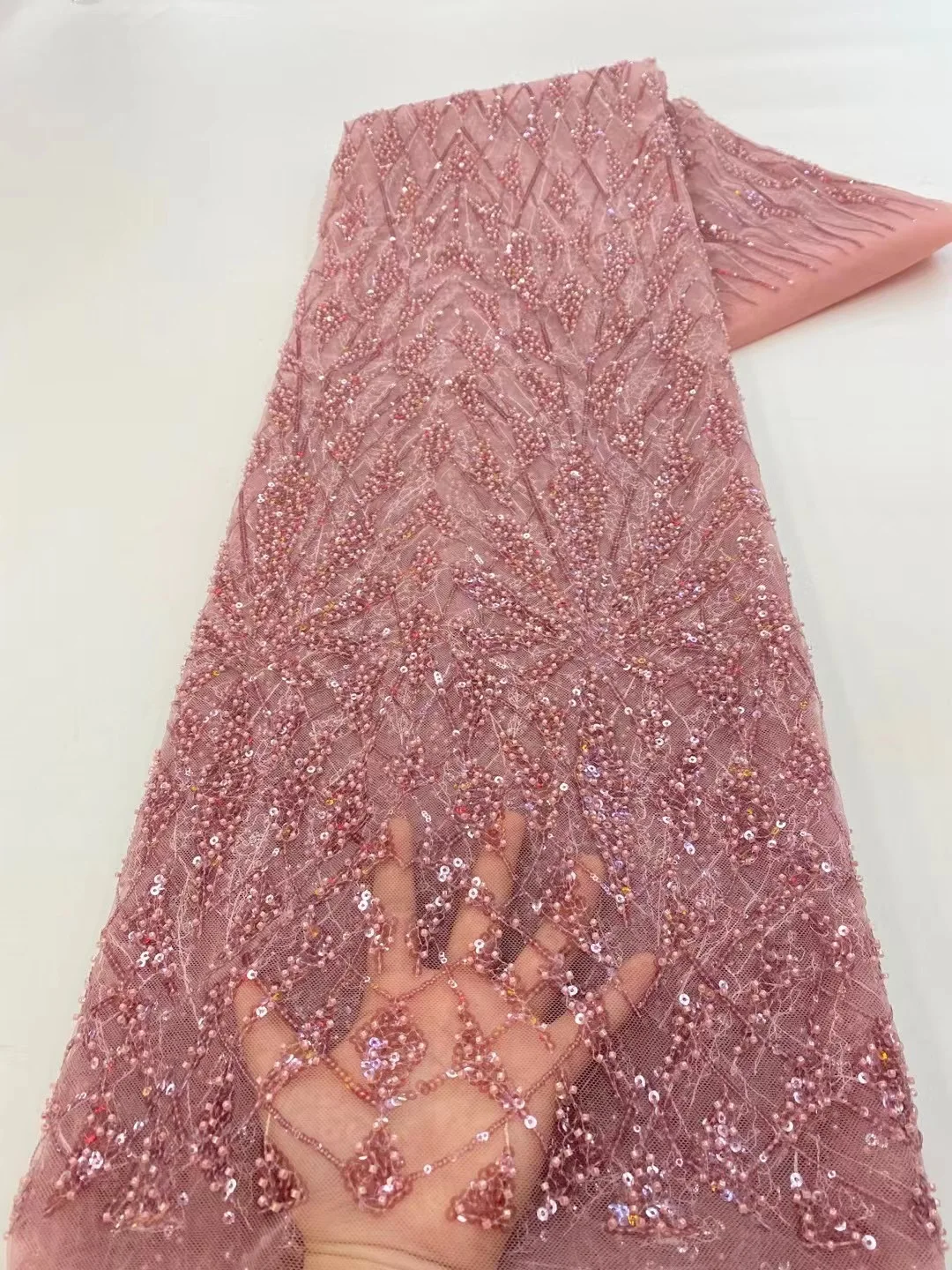 

African Gorgeous Pink Handmade Beaded Tulle Fabric French High Quality Luxury Sequins Fabric Nigeria For Bridal Party Dress Sew