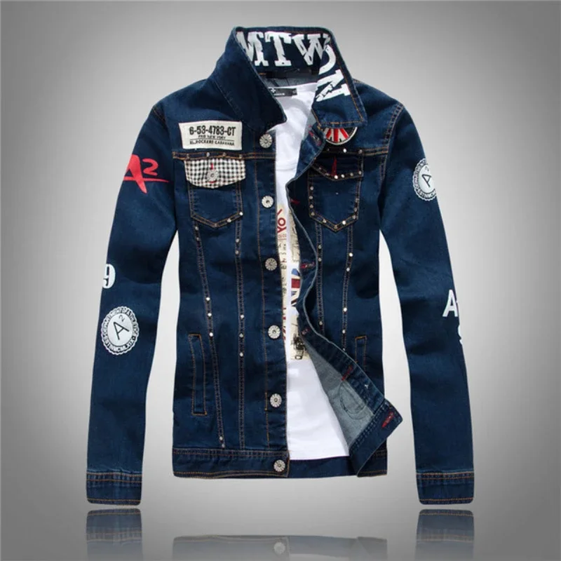 

Dark Blue Denim Jackets Mens Single-breasted Lapel Rivet Jean Jacket Men Denim Windbreaker Coat M-4XL