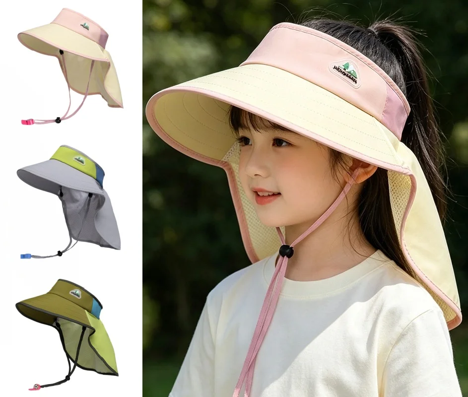 

2026 Summer Kids Sun Hat Outdoor UV Protection Hat with Neck Flap Girls Cute Large Brim Empty Top Boys Visor Cap