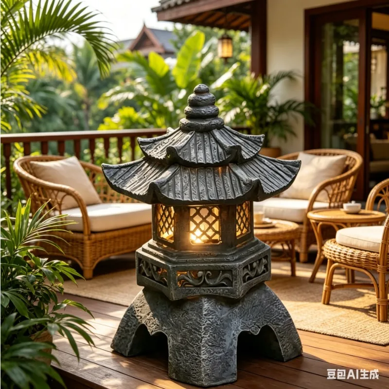 Adorno Zen para Jardín, Lámpara Solar con Forma de Pagoda, Torre de Linterna de Piedra China, Lámpara de Patio, Luz Decorativa Solar para Jardín