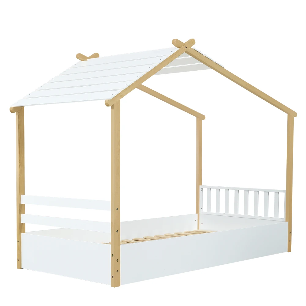 PINGGO Weißes Holz-Einzelbett 90x190cm Natürliche Holzoptik Hausdesign Lattenrost Kiefer-Spanplatte MDF Ohne Matratze – Detail 13