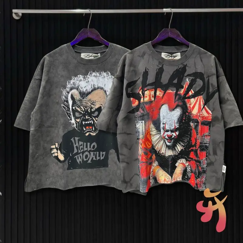 

Настоящая фотография, черные ретро стираные футболки с граффити Джокер BKYS, винтажная уличная одежда Y2K, мужская и женская свободная одежда с круглым вырезом и коротким рукавом