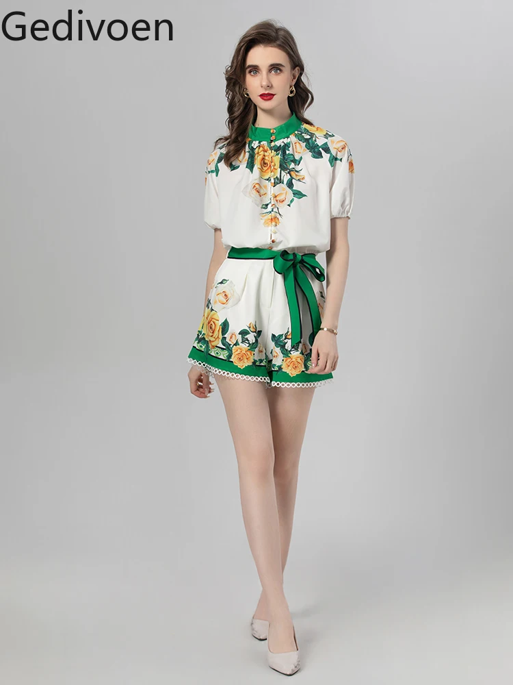 

Gedivoen Summer Fashion Runway Designer Short Sets Women's Vintage Floral Print Single Breasted Tunic+Sashes Lace-up Short Sets