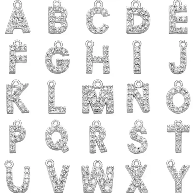 7x8mm A-Z Silver Color Small Charms Crystal Brass Letter Pendant for Women Necklace Earrings Jewelry Accessories Making:VD545