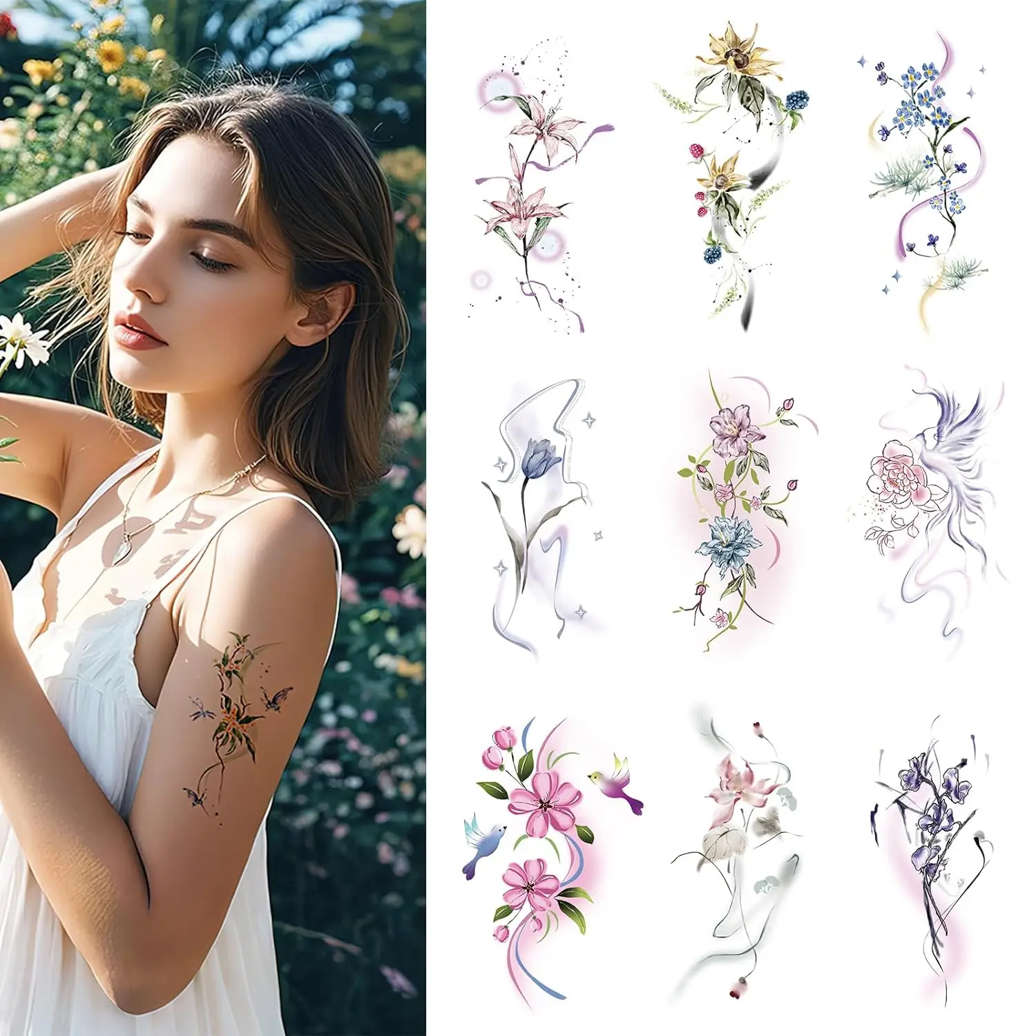 

10 Sheets Flower Temporary Tattoo Stickers Watercolor Flowers Waterproof Art Fake Tattoos for Summer