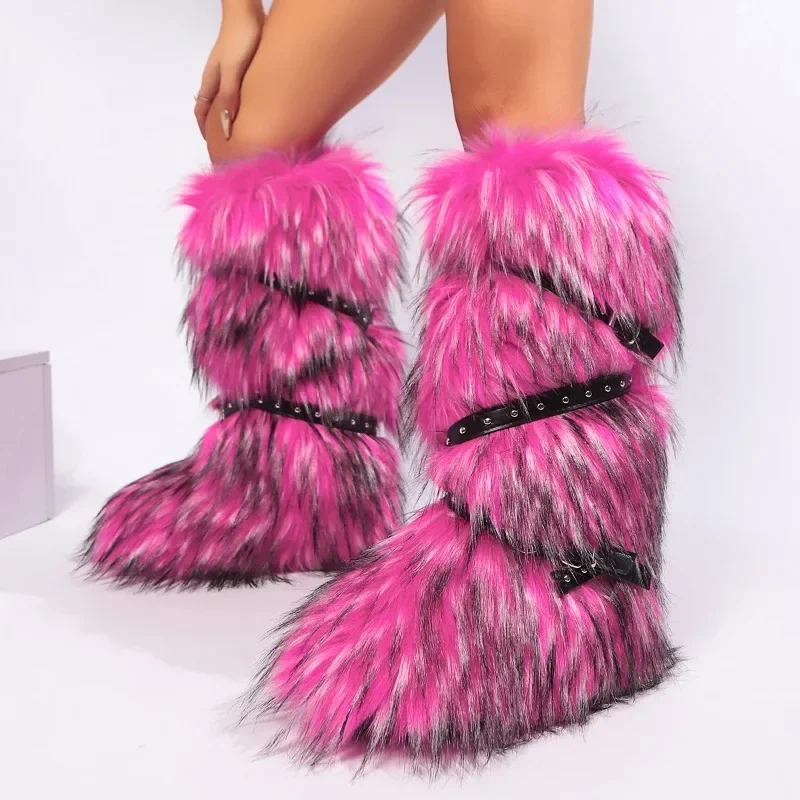 

Red Animal Fur Belt Buckle Mid-Calf Boots Platform Round Toe Plush Warm Winter Women's Boots Slip On Rivet Runway Shoes Sexy