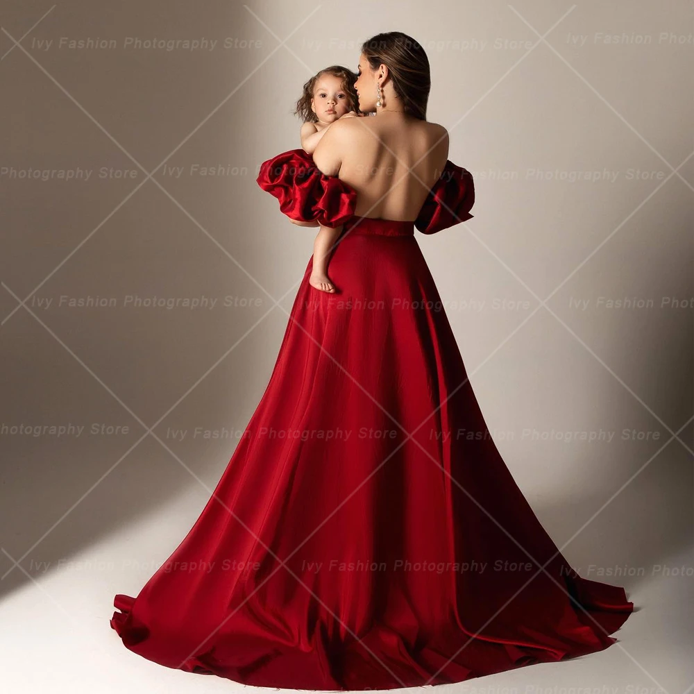 Maternity Photoshoot Outfit For Women Sexy Red Satin Lace Up Skirt Bubble Sleeves Accessories Photography Studio Props