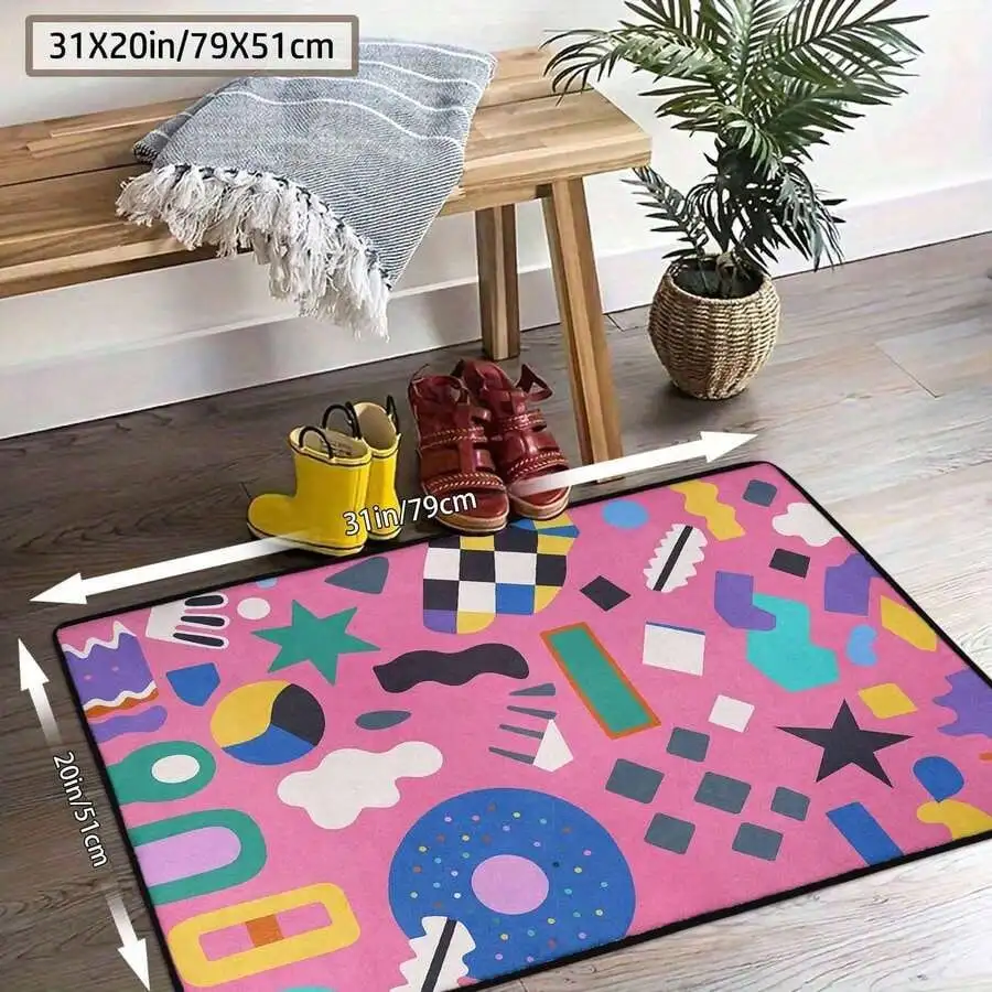 Pink Memphis Style Door Mat - Colorful Donut Star Geometric Non-Slip Rug, Retro Pop Art Entry Mat for Kids Room, Multiple Sizes