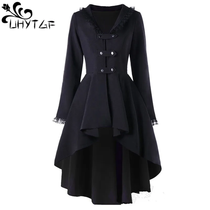 

Irregular Dovetail Coat Women's 2024 New Punk Lace Patchwork Back Strap Trench Coat Female Double-Breasted Gothic Outerwear 566