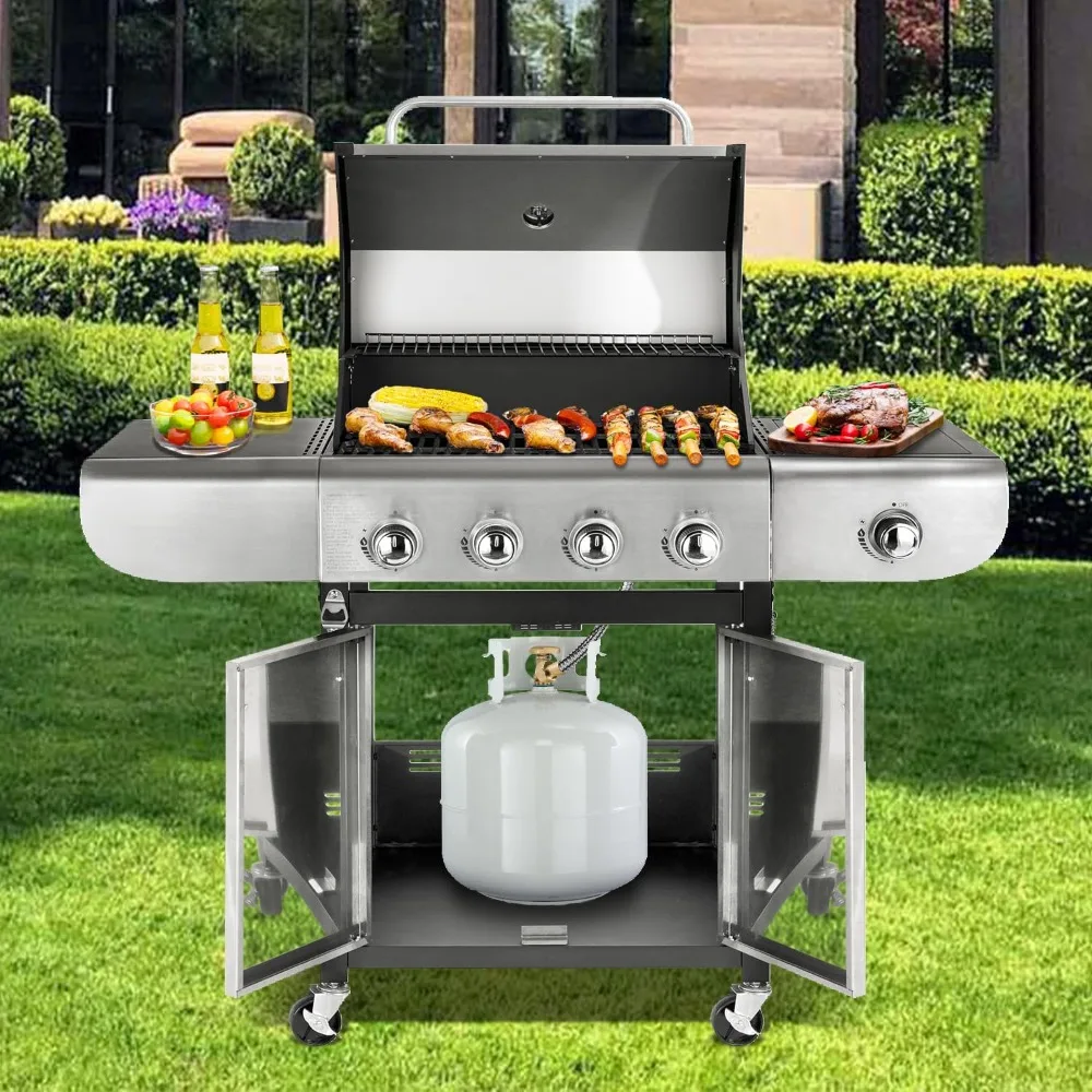 4 Burner Propane Gas Grill with Side Burner, 53,000 BTU Output, for Patio Garden Grill, Stainless Steel