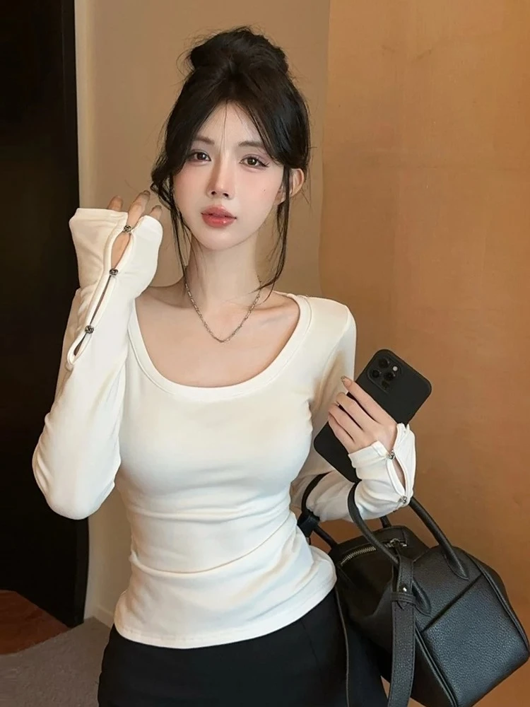 Y2k Aesthetic U Neck Grunge Tshirts 2026 Autumn Streetwear Slim Fit Vintage T-shirt Harajuku Women Hollow Out Flare Sleeve Tops