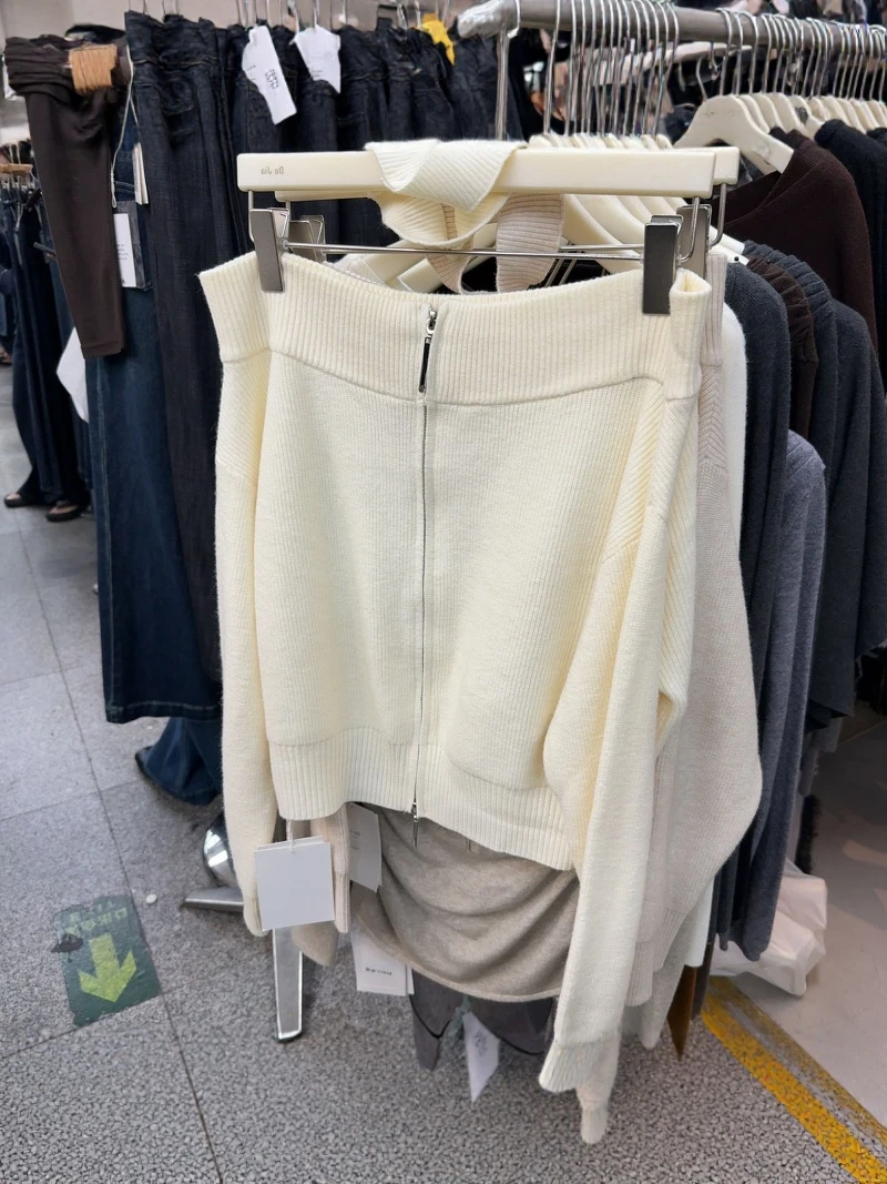 

Korean Sle Long Sve Knitted Sweater Women's oulder Baring Zipper ort Top Loose Fit Regular Length Pure Color Cardigan