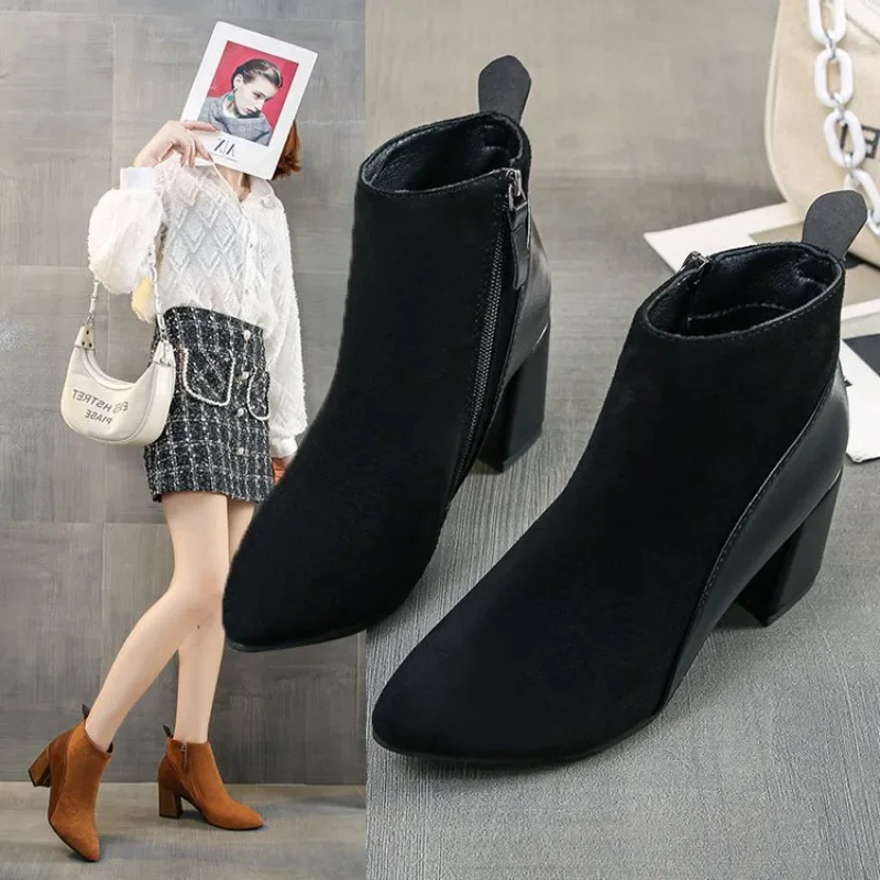 2026 Autumn/Winter Women Ankle Boots Pointed Fashion Short Boots Suede Panel Side Zipper Thick Heels Women\'s Shoes Large 44